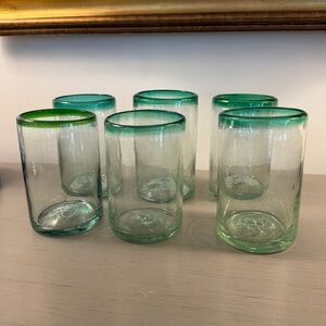 Hand Blown Mexican Drinking Glasses Set Of 6 Clear Green Rim 14oz Recycled Glass